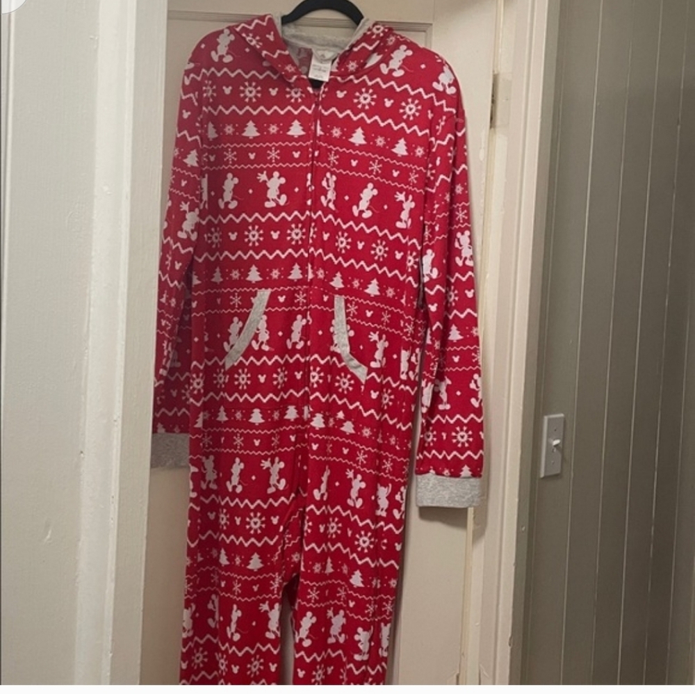 Disney Mickey Mouse  Red and White Holiday Onesie with pockets